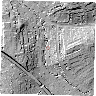 Shaded relief map of the ground around SE135FG, computed from Environment Agency LiDAR. The ground here sits at about 12 m above sea level and falls 22 m across the surrounding 800 m. Surface water reaching this point runs off ground lying to the south-west, 20.2 m higher.