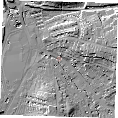 Shaded relief map of the ground around SE135FH, computed from Environment Agency LiDAR. The ground here sits at about 9 m above sea level and falls 30 m across the surrounding 800 m. Surface water reaching this point runs off ground lying to the east, 23.0 m higher.