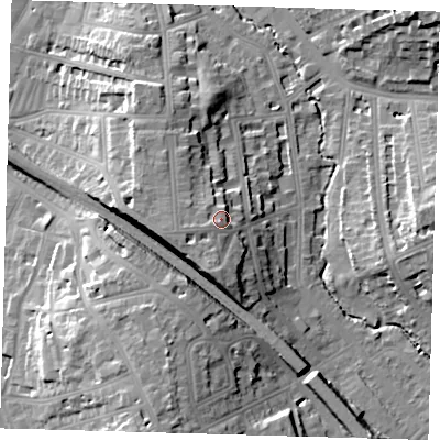 Shaded relief map of the ground around SE135HB, computed from Environment Agency LiDAR. The ground here sits at about 24 m above sea level and falls 22 m across the surrounding 800 m. Surface water reaching this point runs off ground lying to the west-south-west, 1.7 m higher.