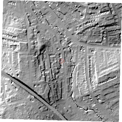 Shaded relief map of the ground around SE135HS, computed from Environment Agency LiDAR. The ground here sits at about 11 m above sea level and falls 23 m across the surrounding 800 m. Surface water reaching this point runs off ground lying to the south-west, 14.5 m higher.