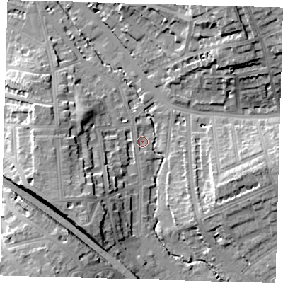 Shaded relief map of the ground around SE135HU, computed from Environment Agency LiDAR. The ground here sits at about 11 m above sea level and falls 23 m across the surrounding 800 m. Surface water reaching this point runs off ground lying to the south-south-west, 16.8 m higher.