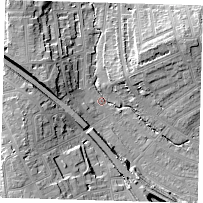 Shaded relief map of the ground around SE135HY, computed from Environment Agency LiDAR. The ground here sits at about 13 m above sea level and falls 22 m across the surrounding 800 m. Surface water reaching this point runs off ground lying to the west-south-west, 20.1 m higher.
