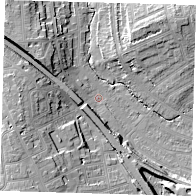 Shaded relief map of the ground around SE135JD, computed from Environment Agency LiDAR. The ground here sits at about 13 m above sea level and falls 22 m across the surrounding 800 m. Surface water reaching this point runs off ground lying to the south-east, 13.8 m higher.