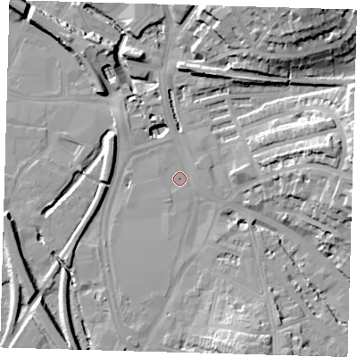 Shaded relief map of the ground around SE135JH, computed from Environment Agency LiDAR. The ground here sits at about 8 m above sea level and falls 29 m across the surrounding 800 m. Surface water reaching this point runs off ground lying to the east, 17.6 m higher.