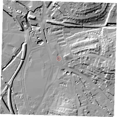 Shaded relief map of the ground around SE135JX, computed from Environment Agency LiDAR. The ground here sits at about 9 m above sea level and falls 29 m across the surrounding 800 m. Surface water reaching this point runs off ground lying to the east-north-east, 4.1 m higher.