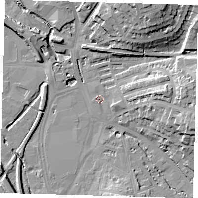 Shaded relief map of the ground around SE135JZ, computed from Environment Agency LiDAR. The ground here sits at about 9 m above sea level and falls 31 m across the surrounding 800 m. Surface water reaching this point runs off ground lying to the east, 4.1 m higher.