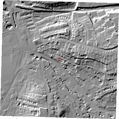 Shaded relief map of the ground around SE135LG, computed from Environment Agency LiDAR. The ground here sits at about 12 m above sea level and falls 31 m across the surrounding 800 m. Surface water reaching this point runs off ground lying to the east-north-east, 13.8 m higher.
