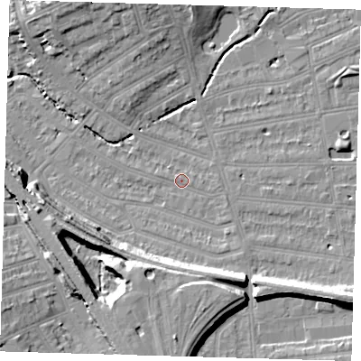 Shaded relief map of the ground around SE135LU, computed from Environment Agency LiDAR. The ground here sits at about 14 m above sea level and falls 16 m across the surrounding 800 m. Surface water reaching this point runs off ground lying to the east, 1.1 m higher.