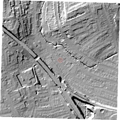 Shaded relief map of the ground around SE135LW, computed from Environment Agency LiDAR. The ground here sits at about 13 m above sea level and falls 22 m across the surrounding 800 m. Surface water reaching this point runs off ground lying to the south-east, 14.1 m higher.