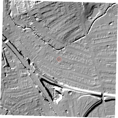 Shaded relief map of the ground around SE135NA, computed from Environment Agency LiDAR. The ground here sits at about 13 m above sea level and falls 18 m across the surrounding 800 m. Surface water reaching this point runs off ground lying to the south-east, 2.8 m higher.