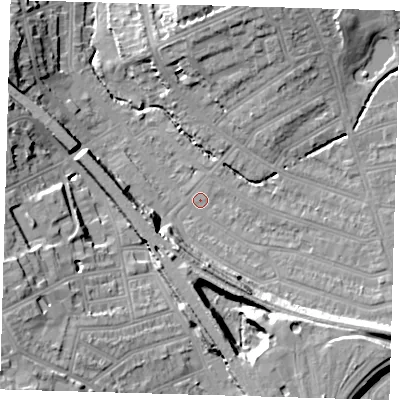 Shaded relief map of the ground around SE135NB, computed from Environment Agency LiDAR. The ground here sits at about 13 m above sea level and falls 21 m across the surrounding 800 m. Surface water reaching this point runs off ground lying to the south-east, 14.3 m higher.