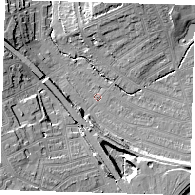 Shaded relief map of the ground around SE135ND, computed from Environment Agency LiDAR. The ground here sits at about 13 m above sea level and falls 22 m across the surrounding 800 m. Surface water reaching this point runs off ground lying to the south-east, 14.3 m higher.