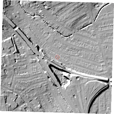 Shaded relief map of the ground around SE135NF, computed from Environment Agency LiDAR. The ground here sits at about 14 m above sea level and falls 21 m across the surrounding 800 m. Surface water reaching this point runs off ground lying to the south-south-east, 12.2 m higher.
