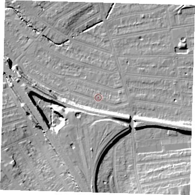 Shaded relief map of the ground around SE135NH, computed from Environment Agency LiDAR. The ground here sits at about 15 m above sea level and falls 16 m across the surrounding 800 m. Surface water reaching this point runs off ground lying to the south, 10.5 m higher.