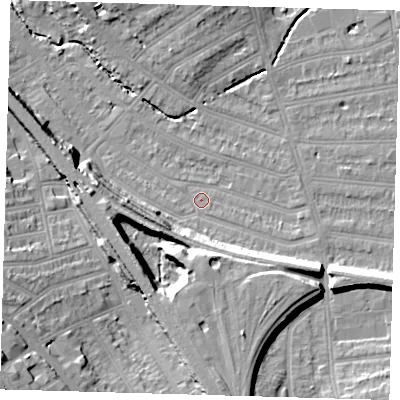 Shaded relief map of the ground around SE135NJ, computed from Environment Agency LiDAR. The ground here sits at about 14 m above sea level and falls 18 m across the surrounding 800 m. Surface water reaching this point runs off ground lying to the south-south-east, 12.6 m higher.