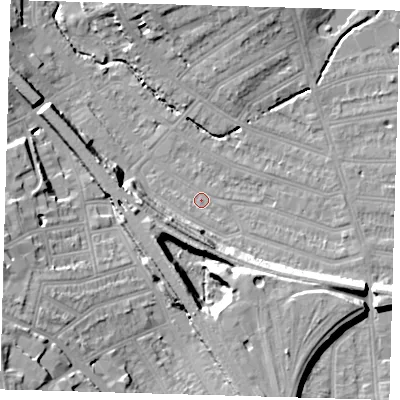 Shaded relief map of the ground around SE135NL, computed from Environment Agency LiDAR. The ground here sits at about 14 m above sea level and falls 20 m across the surrounding 800 m. Surface water reaching this point runs off ground lying to the south-south-east, 13.1 m higher.