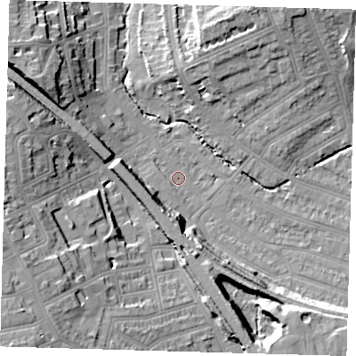 Shaded relief map of the ground around SE135NN, computed from Environment Agency LiDAR. The ground here sits at about 13 m above sea level and falls 22 m across the surrounding 800 m. Surface water reaching this point runs off ground lying to the south-east, 14.1 m higher.