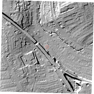 Shaded relief map of the ground around SE135NP, computed from Environment Agency LiDAR. The ground here sits at about 14 m above sea level and falls 22 m across the surrounding 800 m. Surface water reaching this point runs off ground lying to the south-south-west, 7.7 m higher.