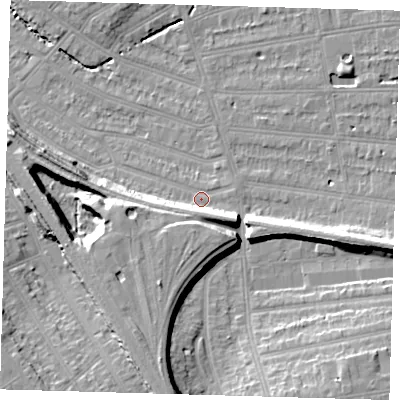 Shaded relief map of the ground around SE135NQ, computed from Environment Agency LiDAR. The ground here sits at about 16 m above sea level and falls 16 m across the surrounding 800 m. Surface water reaching this point runs off ground lying to the east-south-east, 7.0 m higher.