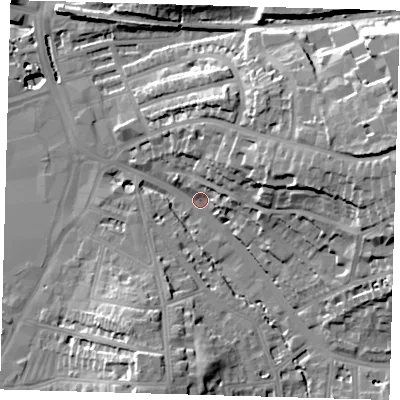 Shaded relief map of the ground around SE135NS, computed from Environment Agency LiDAR. The ground here sits at about 10 m above sea level and falls 31 m across the surrounding 800 m. Surface water reaching this point runs off ground lying to the east, 22.9 m higher.