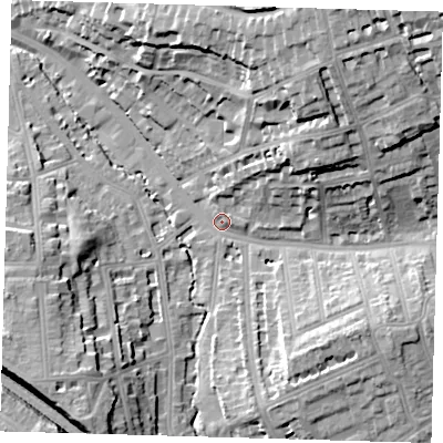 Shaded relief map of the ground around SE135PB, computed from Environment Agency LiDAR. The ground here sits at about 12 m above sea level and falls 26 m across the surrounding 800 m. Surface water reaching this point runs off ground lying to the north-north-east, 22.7 m higher.