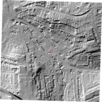 Shaded relief map of the ground around SE135PD, computed from Environment Agency LiDAR. The ground here sits at about 10 m above sea level and falls 28 m across the surrounding 800 m. Surface water reaching this point runs off ground lying to the south-south-west, 16.8 m higher.