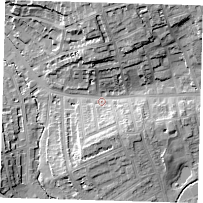 Shaded relief map of the ground around SE135PL, computed from Environment Agency LiDAR. The ground here sits at about 14 m above sea level and falls 24 m across the surrounding 800 m. Surface water reaching this point runs off ground lying to the north, 18.7 m higher.