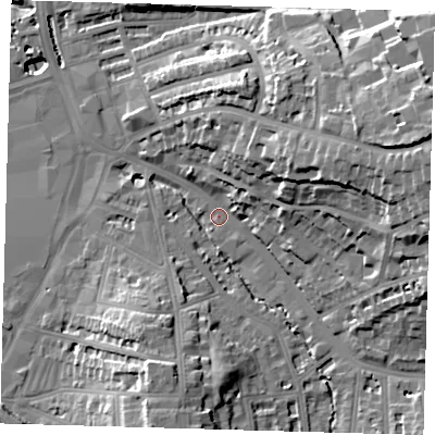 Shaded relief map of the ground around SE135PT, computed from Environment Agency LiDAR. The ground here sits at about 9 m above sea level and falls 31 m across the surrounding 800 m. Surface water reaching this point runs off ground lying to the east-north-east, 23.0 m higher.