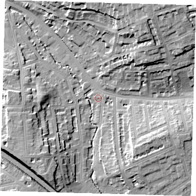Shaded relief map of the ground around SE135PZ, computed from Environment Agency LiDAR. The ground here sits at about 12 m above sea level and falls 26 m across the surrounding 800 m. Surface water reaching this point runs off ground lying to the east-south-east, 1.7 m higher.