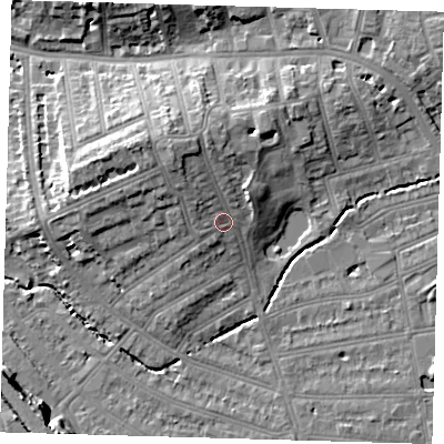 Shaded relief map of the ground around SE135QP, computed from Environment Agency LiDAR. The ground here sits at about 18 m above sea level and falls 13 m across the surrounding 800 m. Surface water reaching this point runs off ground lying to the north-west, 5.6 m higher.