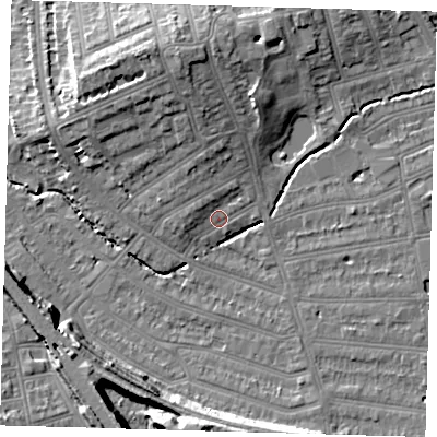 Shaded relief map of the ground around SE135RG, computed from Environment Agency LiDAR. The ground here sits at about 15 m above sea level and falls 15 m across the surrounding 800 m. Surface water reaching this point runs off ground lying to the north, 3.7 m higher.