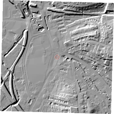 Shaded relief map of the ground around SE136AT, computed from Environment Agency LiDAR. The ground here sits at about 8 m above sea level and falls 25 m across the surrounding 800 m. Surface water reaching this point runs off ground lying to the east, 20.1 m higher.