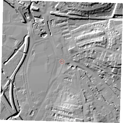 Shaded relief map of the ground around SE136BB, computed from Environment Agency LiDAR. The ground here sits at about 8 m above sea level and falls 25 m across the surrounding 800 m. Surface water reaching this point runs off ground lying to the east, 20.1 m higher.
