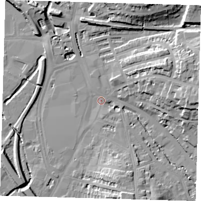 Shaded relief map of the ground around SE136BE, computed from Environment Agency LiDAR. The ground here sits at about 9 m above sea level and falls 25 m across the surrounding 800 m. Surface water reaching this point runs off ground lying to the east, 20.1 m higher.