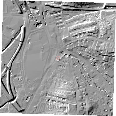 Shaded relief map of the ground around SE136BG, computed from Environment Agency LiDAR. The ground here sits at about 10 m above sea level and falls 26 m across the surrounding 800 m. Surface water reaching this point runs off ground lying to the south, 1.5 m higher.