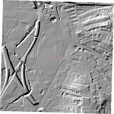 Shaded relief map of the ground around SE136EE, computed from Environment Agency LiDAR. The ground here sits at about 9 m above sea level and falls 23 m across the surrounding 800 m. Surface water reaching this point runs off ground lying to the south-south-west, 0.7 m higher.