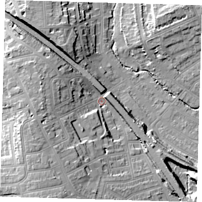 Shaded relief map of the ground around SE136JB, computed from Environment Agency LiDAR. The ground here sits at about 17 m above sea level and falls 22 m across the surrounding 800 m. Surface water reaching this point runs off ground lying to the south-south-west, 17.4 m higher.