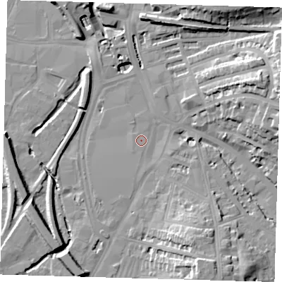 Shaded relief map of the ground around SE136JG, computed from Environment Agency LiDAR. The ground here sits at about 9 m above sea level and falls 23 m across the surrounding 800 m. Surface water reaching this point runs off ground lying to the south, 1.3 m higher.
