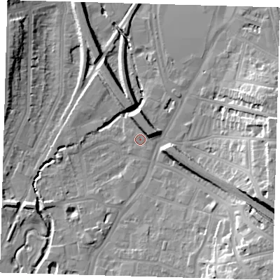 Shaded relief map of the ground around SE136JY, computed from Environment Agency LiDAR. The ground here sits at about 11 m above sea level and falls 21 m across the surrounding 800 m. Surface water reaching this point runs off ground lying to the south-east, 0.6 m higher.
