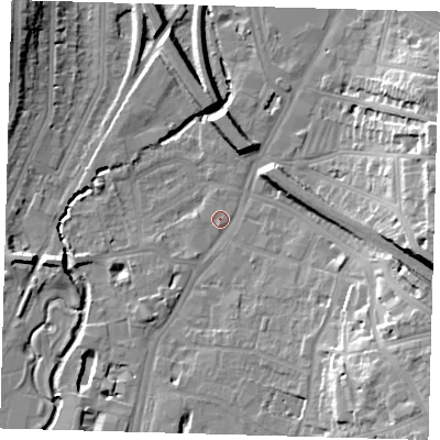 Shaded relief map of the ground around SE136JZ, computed from Environment Agency LiDAR. The ground here sits at about 11 m above sea level and falls 22 m across the surrounding 800 m. Surface water reaching this point runs off ground lying to the south-east, 18.0 m higher.