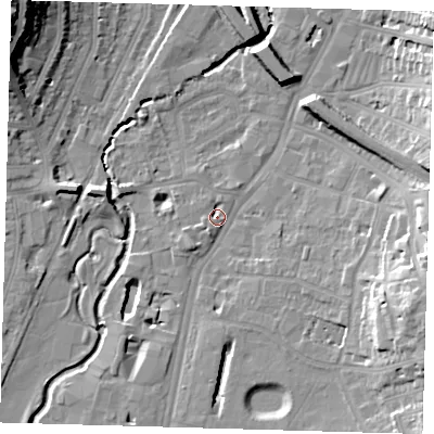 Shaded relief map of the ground around SE136LE, computed from Environment Agency LiDAR. The ground here sits at about 12 m above sea level and falls 22 m across the surrounding 800 m. Surface water reaching this point runs off ground lying to the south-west, 3.3 m higher.