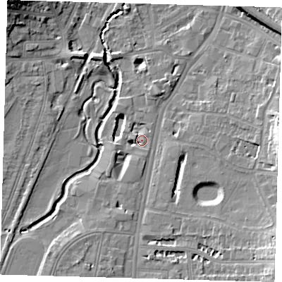 Shaded relief map of the ground around SE136LQ, computed from Environment Agency LiDAR. The ground here sits at about 12 m above sea level and falls 17 m across the surrounding 800 m. Surface water reaching this point runs off ground lying to the south-south-west, 5.0 m higher.