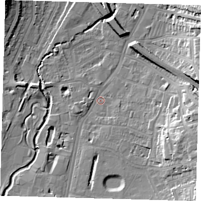Shaded relief map of the ground around SE136NL, computed from Environment Agency LiDAR. The ground here sits at about 12 m above sea level and falls 20 m across the surrounding 800 m. Surface water reaching this point runs off ground lying to the east-south-east, 17.4 m higher.