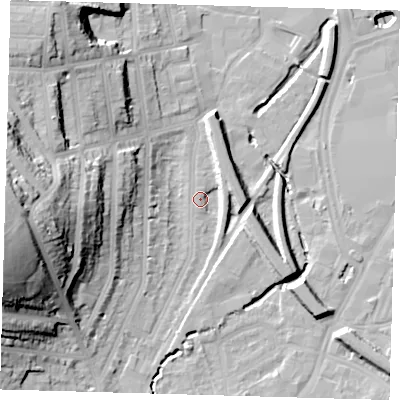 Shaded relief map of the ground around SE137AA, computed from Environment Agency LiDAR. The ground here sits at about 10 m above sea level and falls 45 m across the surrounding 800 m. Surface water reaching this point runs off ground lying to the west, 38.2 m higher.