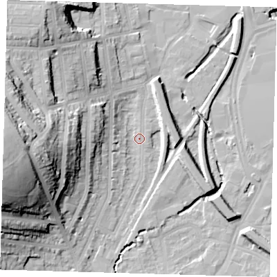Shaded relief map of the ground around SE137AD, computed from Environment Agency LiDAR. The ground here sits at about 10 m above sea level and falls 47 m across the surrounding 800 m. Surface water reaching this point runs off ground lying to the west-south-west, 40.0 m higher.