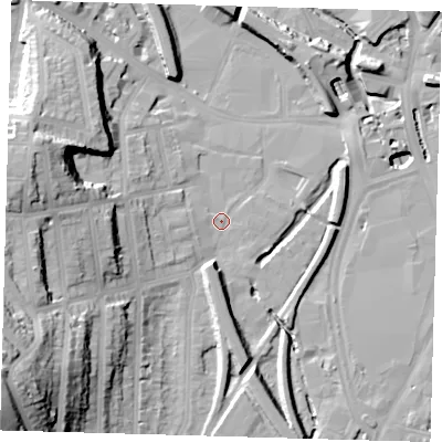 Shaded relief map of the ground around SE137BB, computed from Environment Agency LiDAR. The ground here sits at about 9 m above sea level and falls 42 m across the surrounding 800 m. Surface water reaching this point runs off ground lying to the south-west, 36.7 m higher.