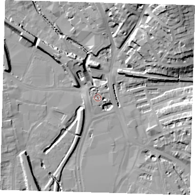 Shaded relief map of the ground around SE137BE, computed from Environment Agency LiDAR. The ground here sits at about 8 m above sea level and falls 37 m across the surrounding 800 m. Surface water reaching this point runs off ground lying to the north-north-west, 3.7 m higher.