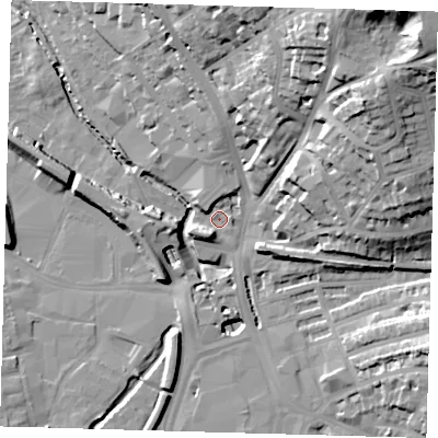 Shaded relief map of the ground around SE137BG, computed from Environment Agency LiDAR. The ground here sits at about 8 m above sea level and falls 45 m across the surrounding 800 m. Surface water reaching this point runs off ground lying to the south-south-west, 5.7 m higher.