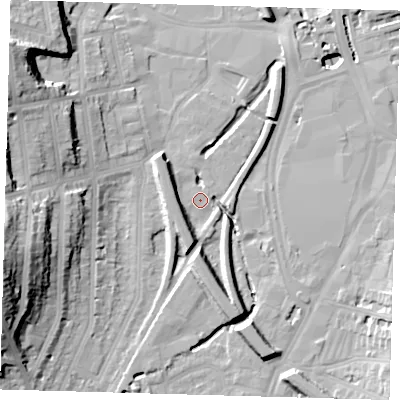Shaded relief map of the ground around SE137BJ, computed from Environment Agency LiDAR. The ground here sits at about 9 m above sea level and falls 35 m across the surrounding 800 m. Surface water reaching this point runs off ground lying to the south-south-east, 9.8 m higher.