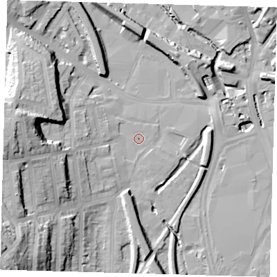 Shaded relief map of the ground around SE137BN, computed from Environment Agency LiDAR. The ground here sits at about 8 m above sea level and falls 39 m across the surrounding 800 m. Surface water reaching this point runs off ground lying to the south-south-west, 0.7 m higher.